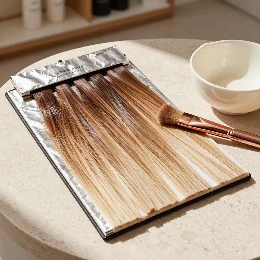 Balayage-Farbmuster mit Folien und Pinsel auf hellem Travertin.