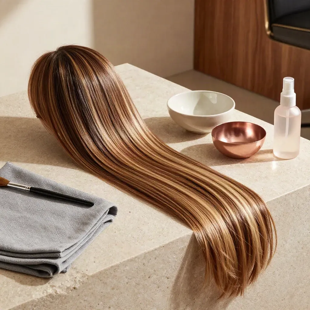 Balayage-Haarsträhne auf Steinsockel mit Farbschalen im warmen Salonslicht