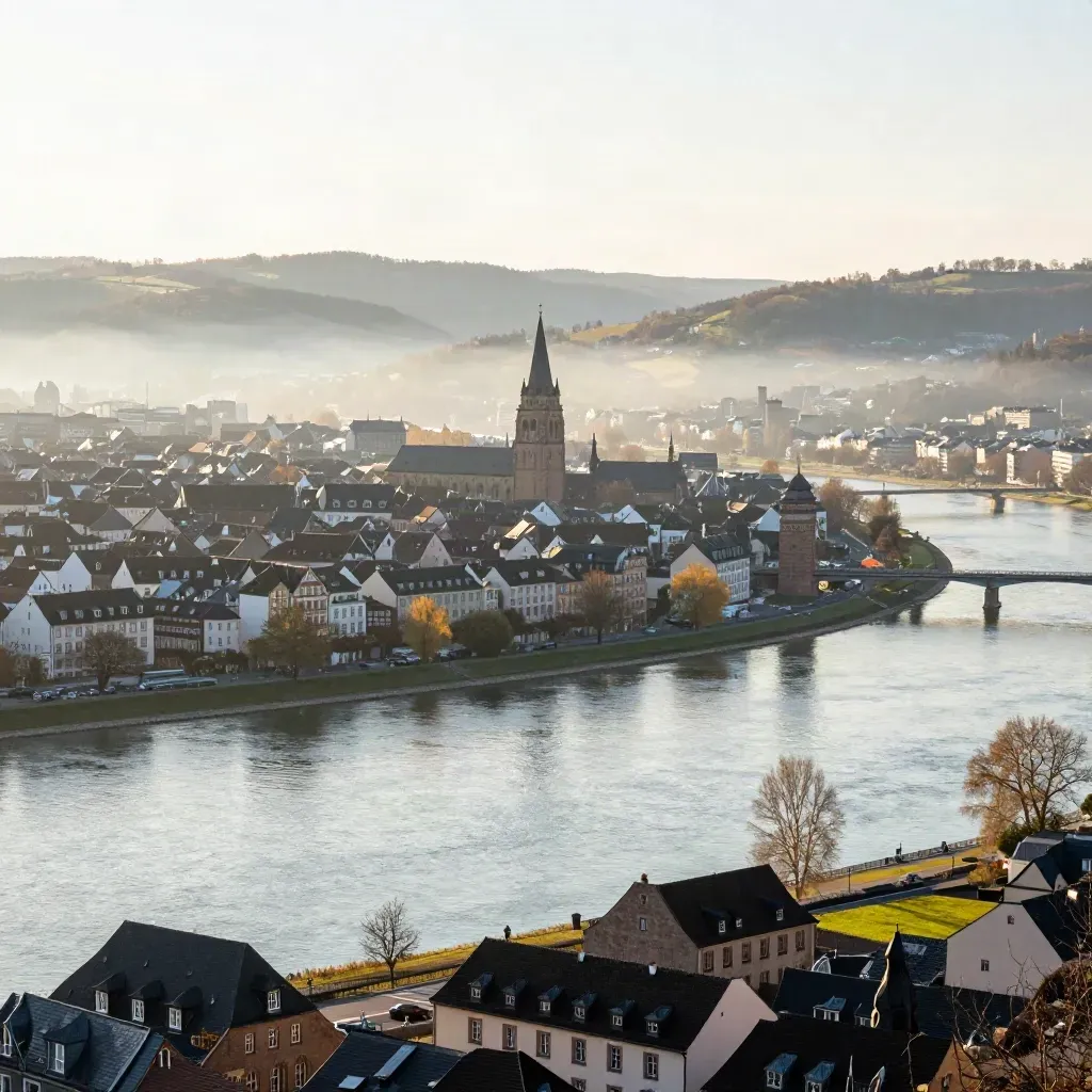 Bonn im goldenen Licht über dem Rhein, Skyline und Hügel im warmen Dunst